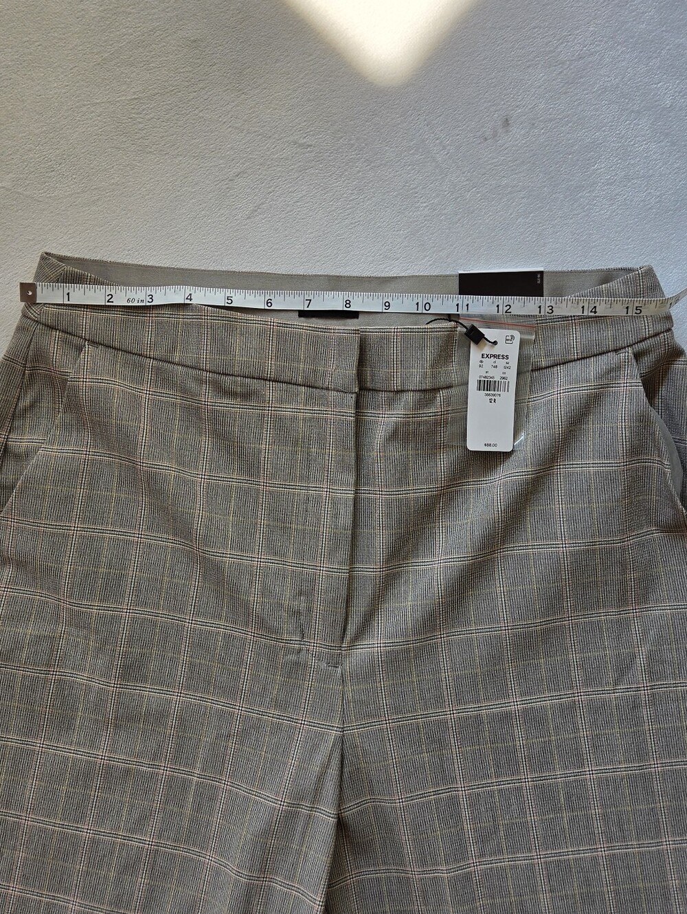 Express Women's Plaid Dress Pants in Taupe with Subtle Pink Windowpane - Picture 3 of 6